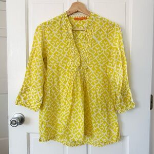 Oliphant Lime Yellow White 3/4 Sleeve Pleated Button Front Blouse Cotton Size M